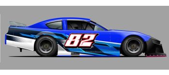 Blue, teal, black race car wrap