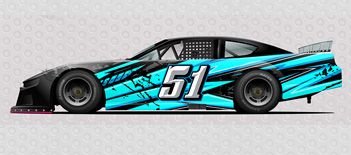 Blue, teal, black race car wrap